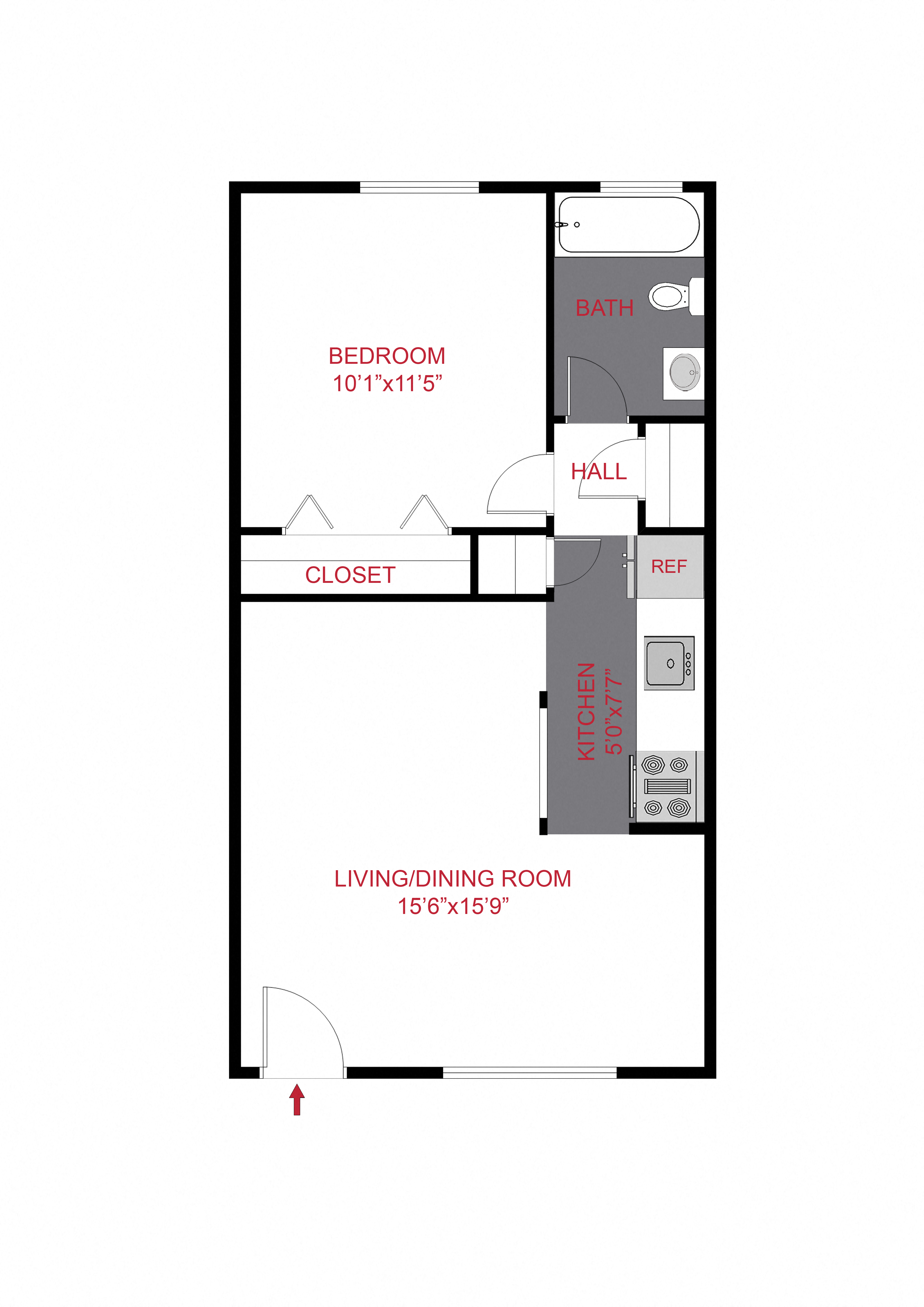 Floor plan for 1 bed, 1 bath, 455 sqft